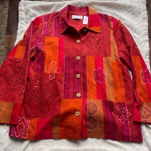 Alfred Dunner Women’s Red Patchwork Beaded Stitched Linen Button Up Jacket Sz 14